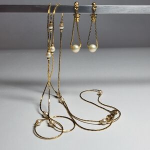 MONET Vintage Gold Tone and Faux Pearl Necklace And Matching Drop Earrings